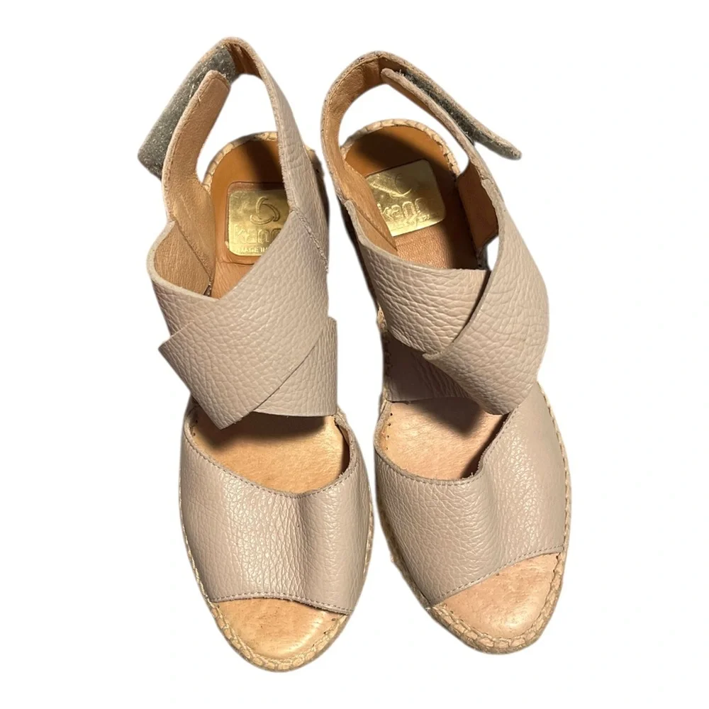 kanna Taupe Textured Leather Spain Espadrille Wedge Sandals Size EU 37 US 6.5-7